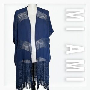 Mi Ami Navy Blue Sheer Tassel Hem Long Shawl sz M